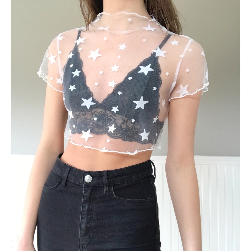 White Mesh Star Crop Top